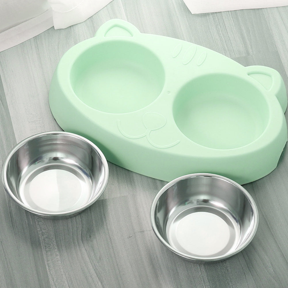Double Water And Food Bowls Stainless Steel Bowls With Non-Slip Resin Station